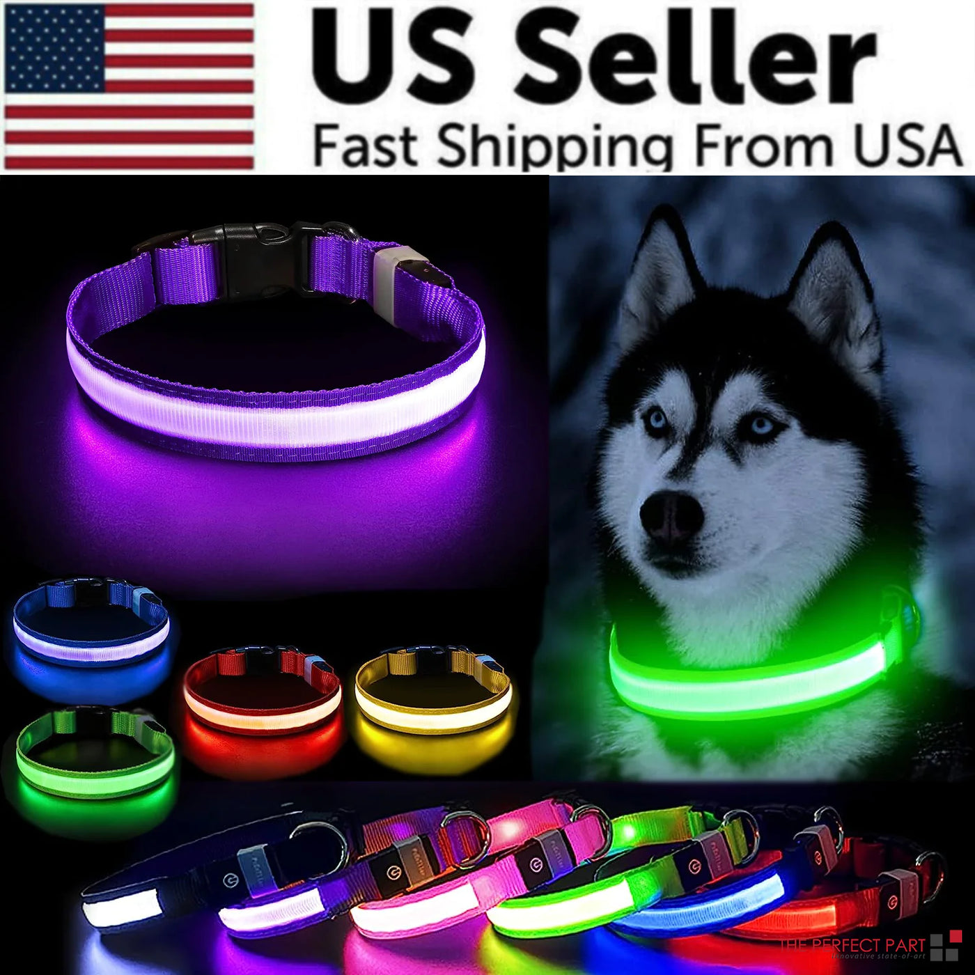 LED Adjustable Dog Collar Blinking Flashing Light Up Glow Pets Safety Waterproof